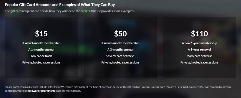 iRacing gift card values