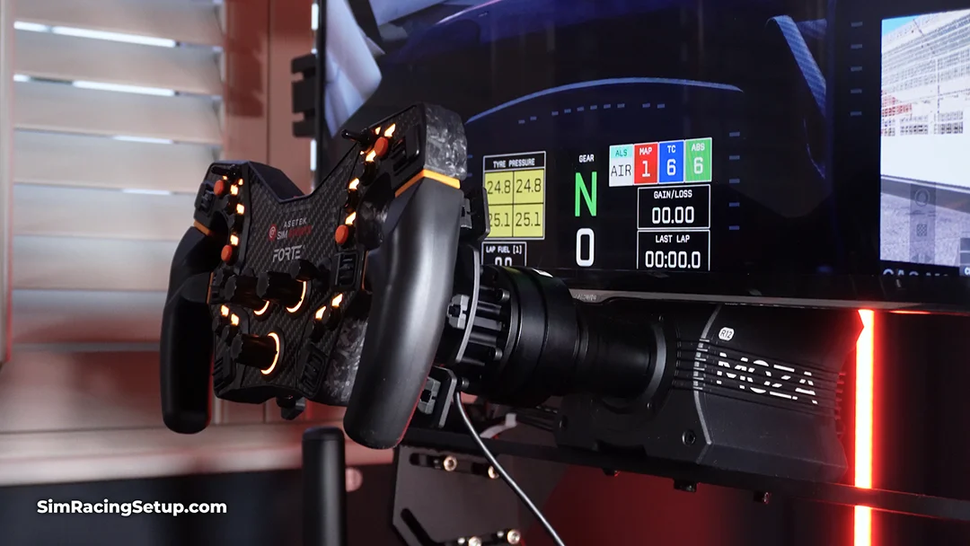 Asetek steering wheel connected to a moza racing wheel base