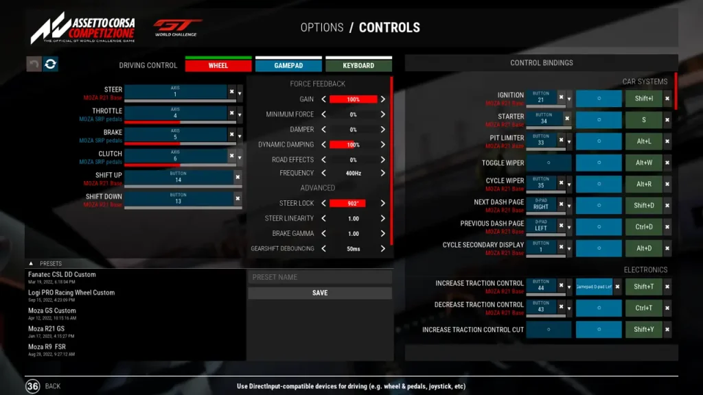 ACC Wheel Controls Settings