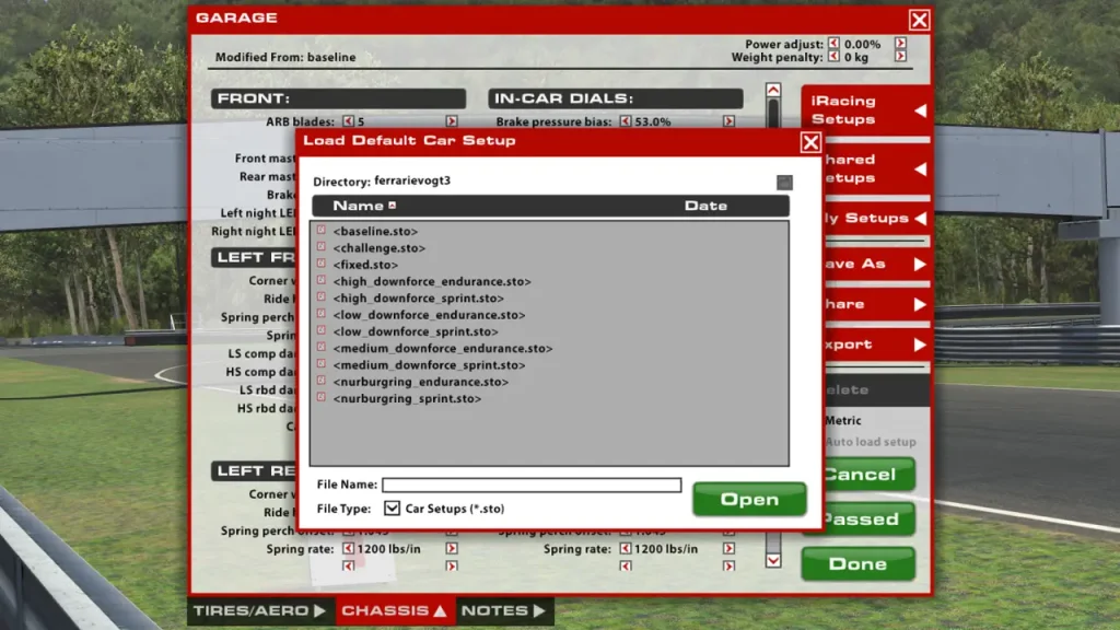 iRacing default car setups