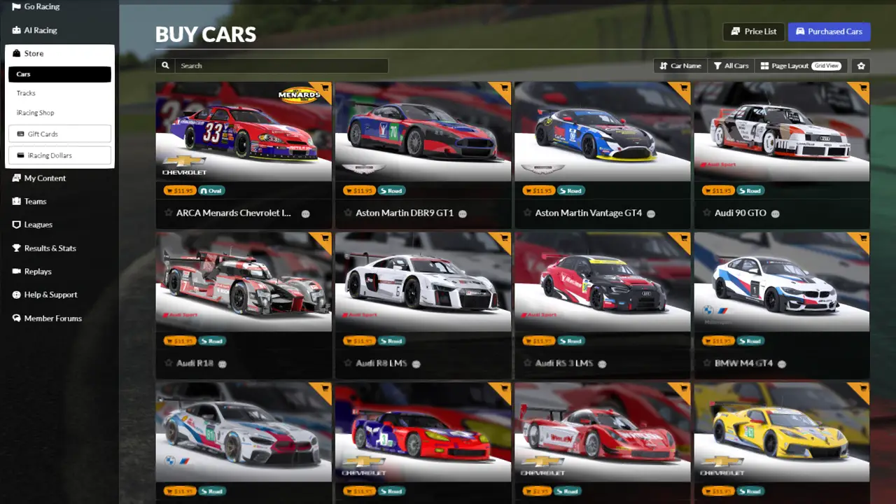 iRacing store buy new cars