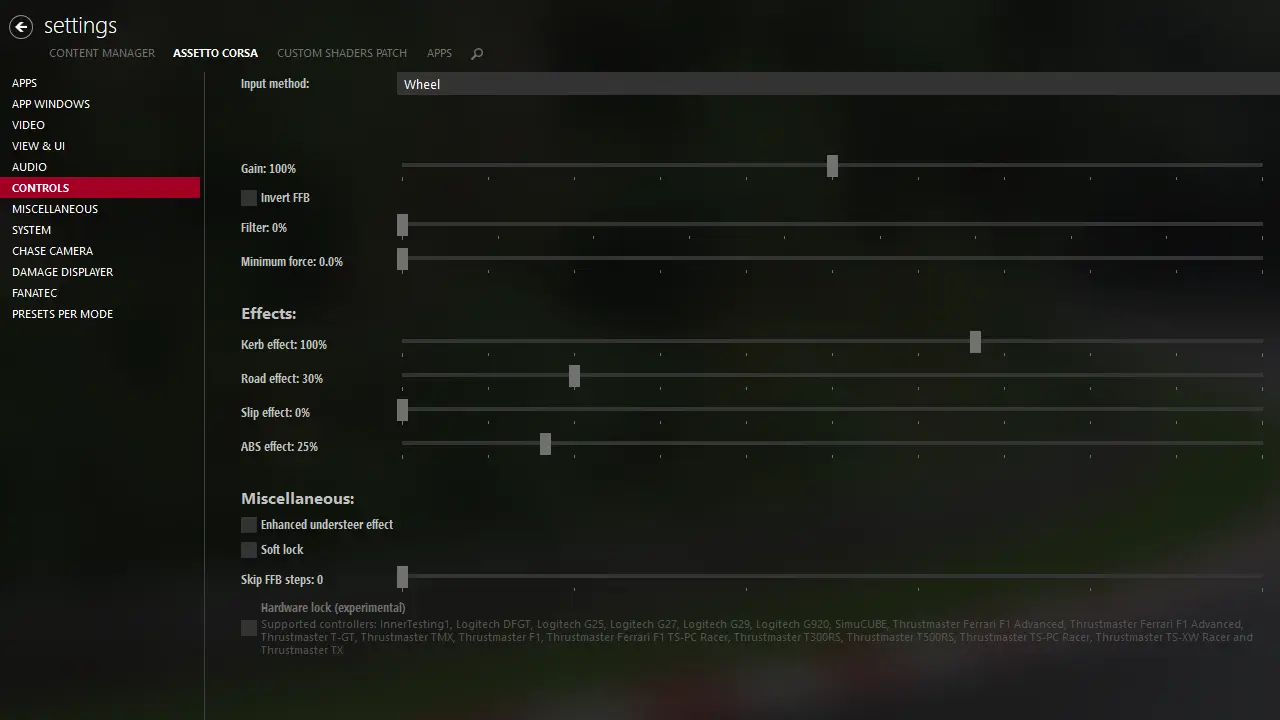 Assetto Corsa Content Manager Wheel Settings