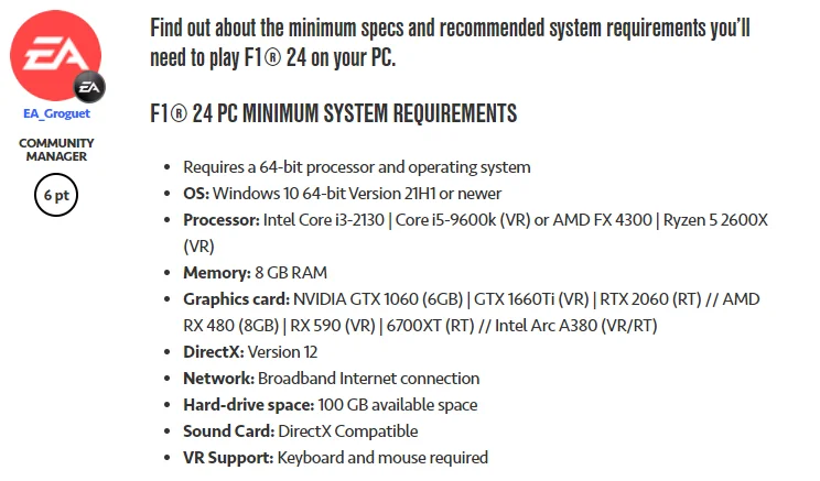 F1 24 PC Minimum specs