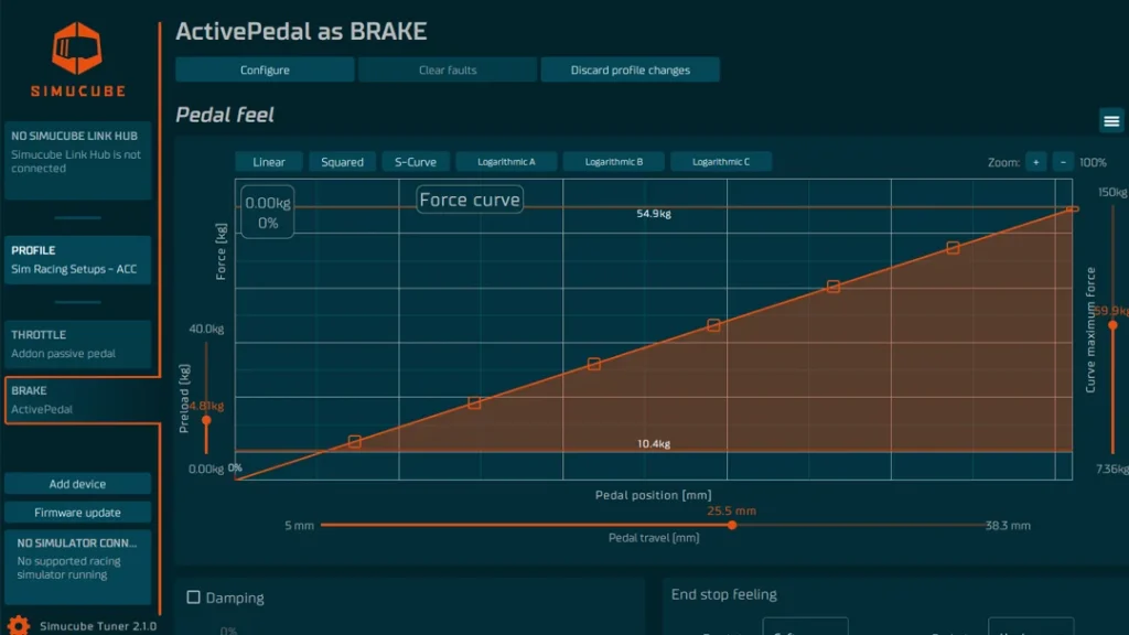 Simucube Tuner ActivePedal force curve