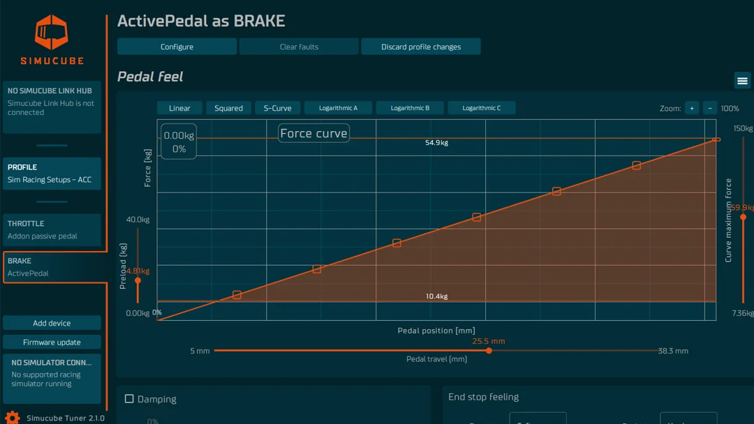 Simucube Tuner ActivePedal force curve
