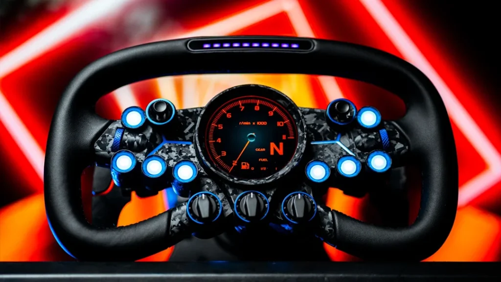 MOZA Vision GS Wheel Powered on a red background