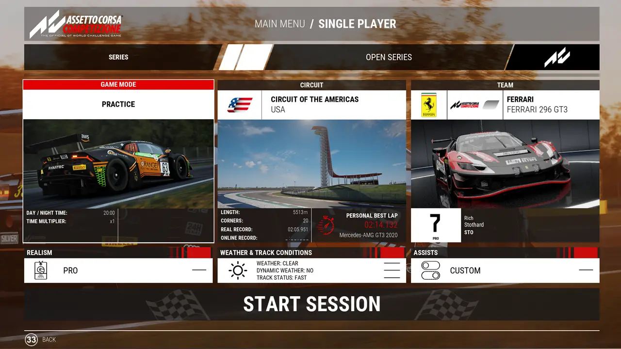 ACC Single Player Practice Mode Track Selection Screen