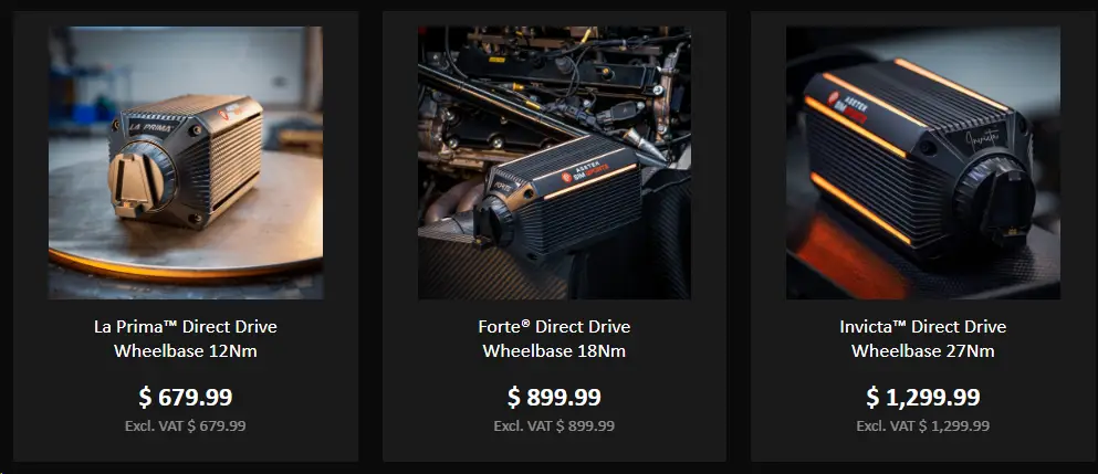 Asetek wheel base products with United States pricing