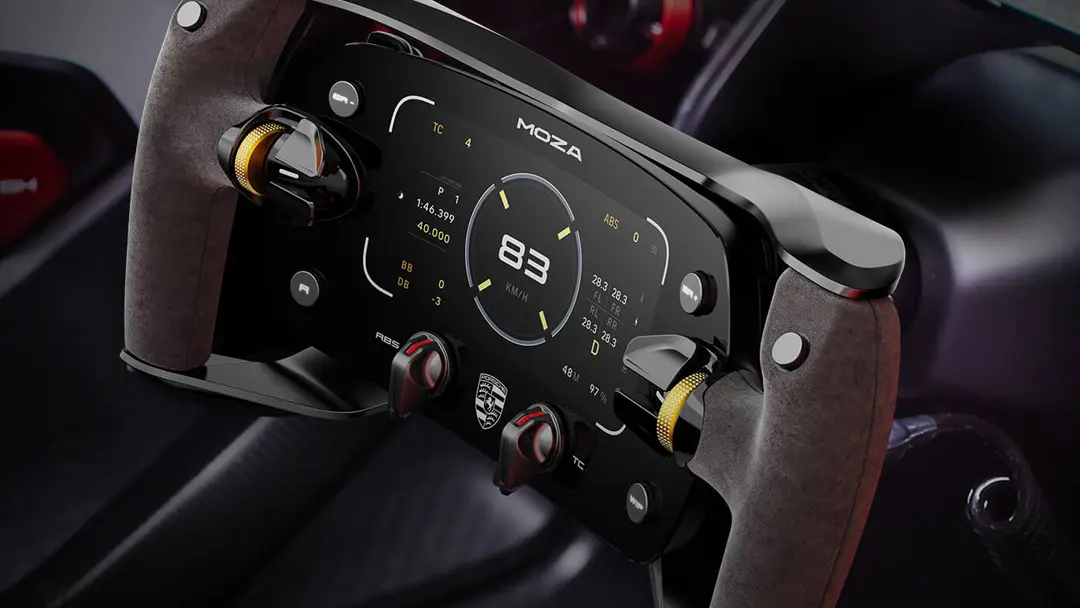 MOZA Porsche Mission R Steering wheel mounted to a racing wheel