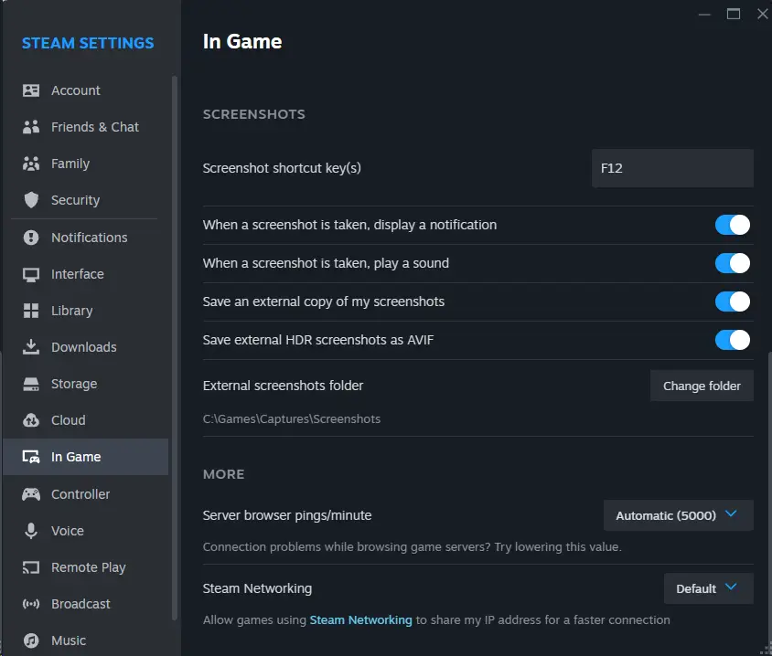 Steam screenshot settings