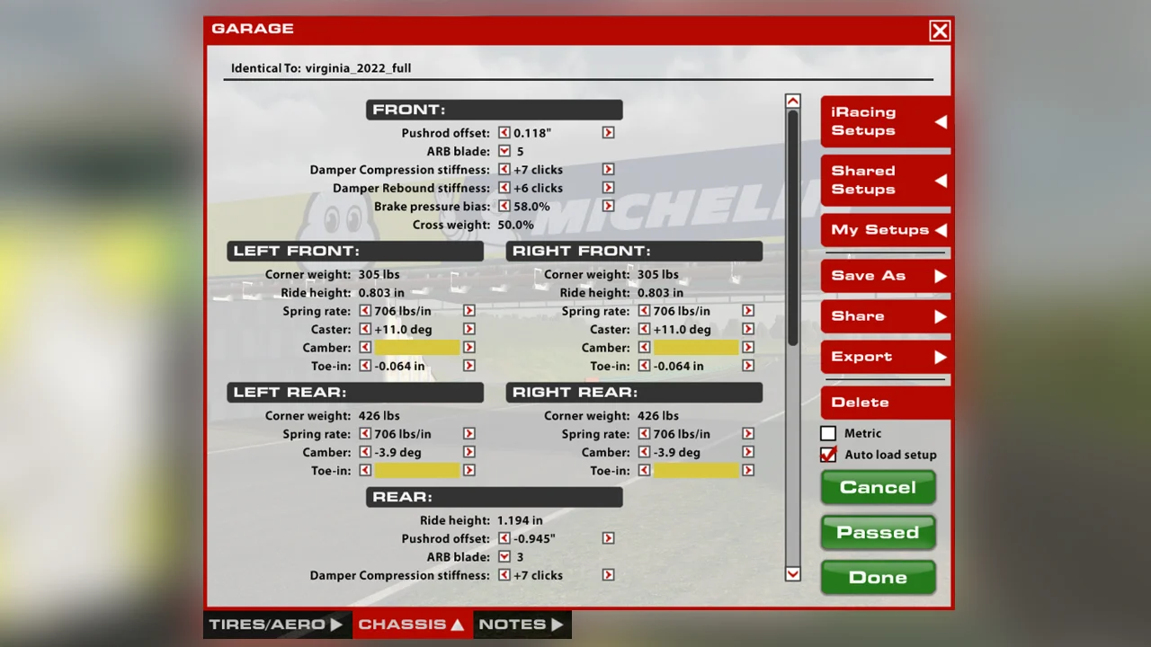 iRacing FIA F4 car setup chassis