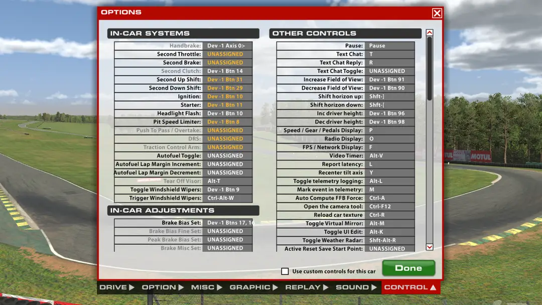 iRacing controls settings and button mapping