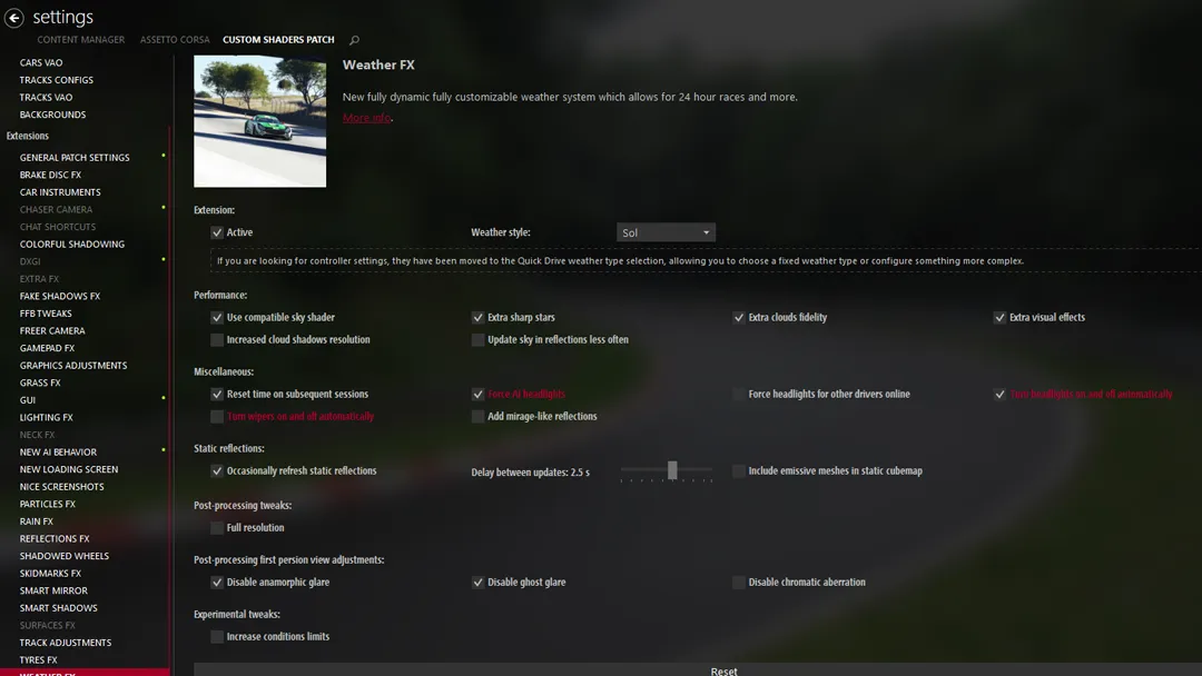 Assetto Corsa SOL Weather FX settings