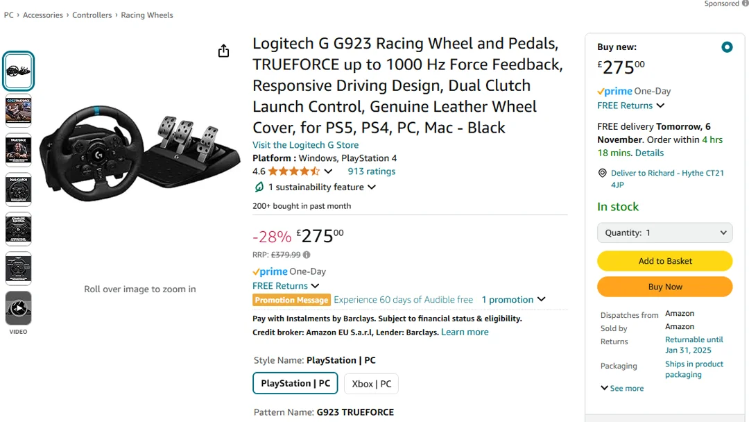 Logitech G923 price on Amazon