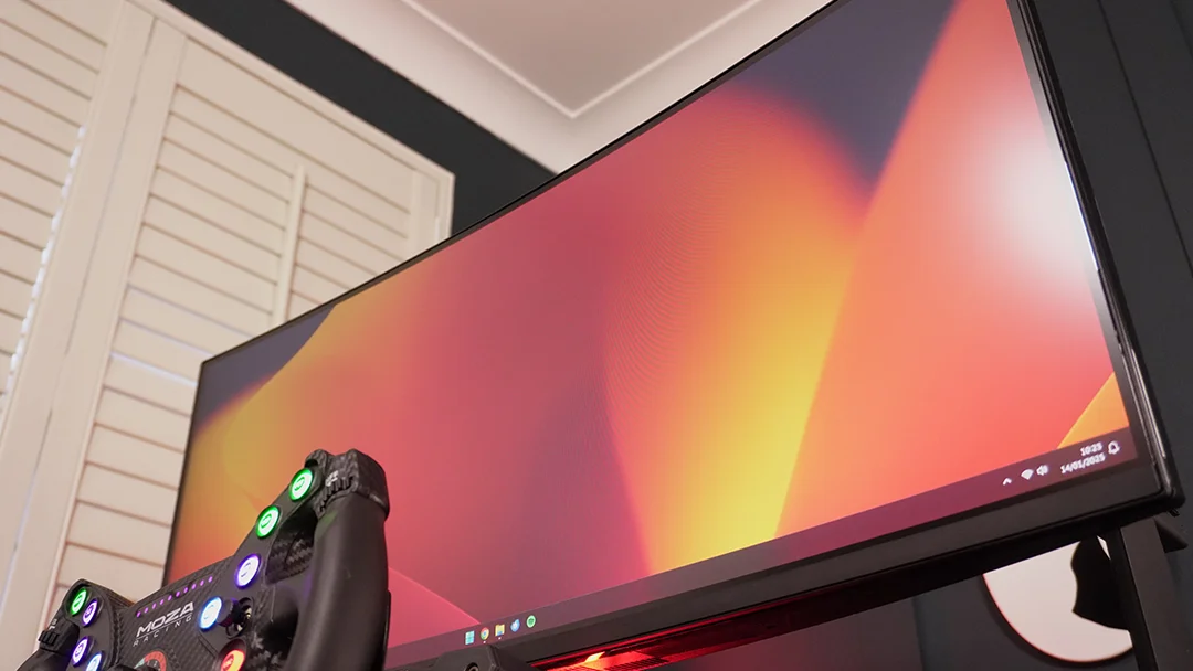 LG Ultragear Widescreen monitor mounted to sim rig