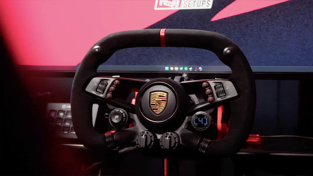 Fanatec Porsche Vision GT Steering Wheel mounted to sim rig