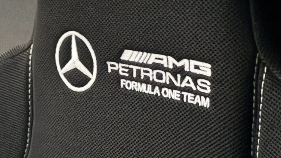 Mercedes-AMG F1 Team branding on Sim-Lab racing seat